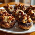 A close-up of several golden-brown Sausage stuffed mushrooms arranged on a white plate, ready to serve.