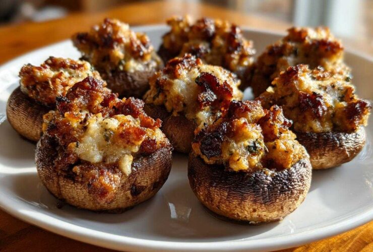 A close-up of several golden-brown Sausage stuffed mushrooms arranged on a white plate, ready to serve.