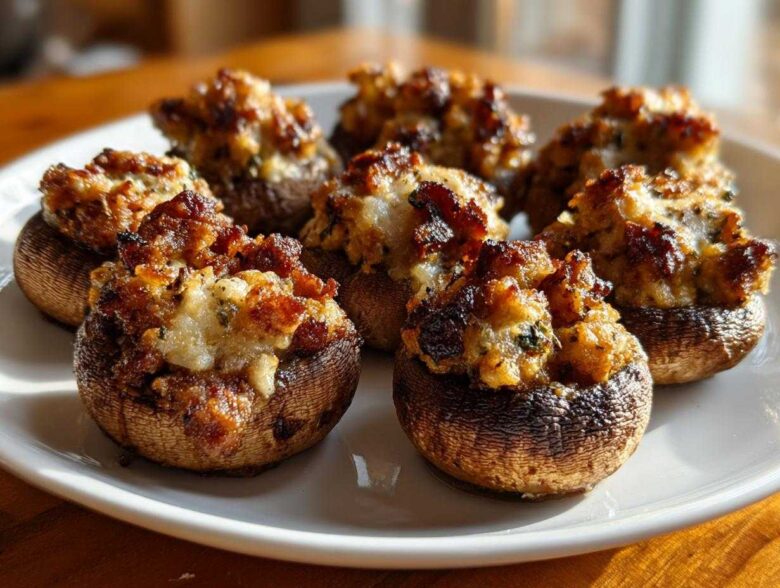 A close-up of several golden-brown Sausage stuffed mushrooms arranged on a white plate, ready to serve.