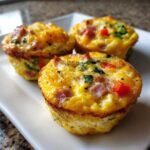 Close-up of three golden brown Egg Muffin Cups filled with ham, red pepper, and spinach on a white plate.