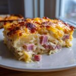 A thick slice of cheesy scalloped potatoes and ham casserole with a golden-brown, bubbly top.