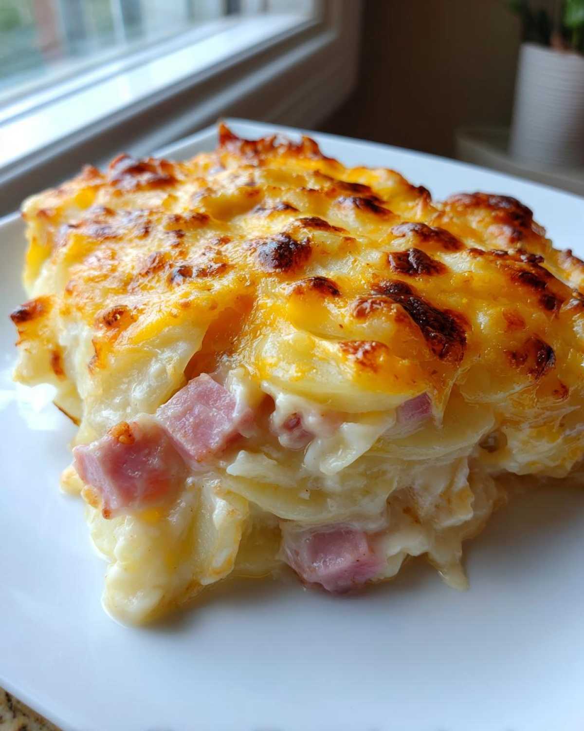 Close-up of a serving of creamy scalloped potatoes and ham topped with melted, browned cheese.