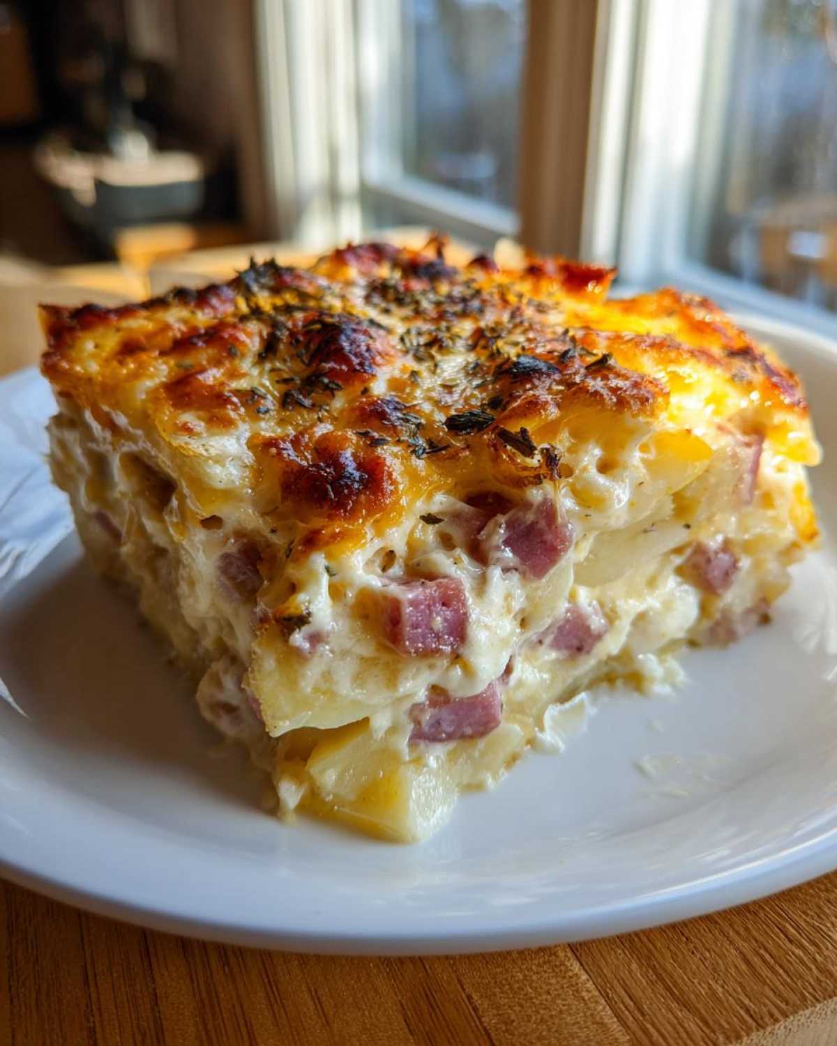 A thick, square slice of creamy scalloped potatoes and ham with a golden, bubbly cheese topping.