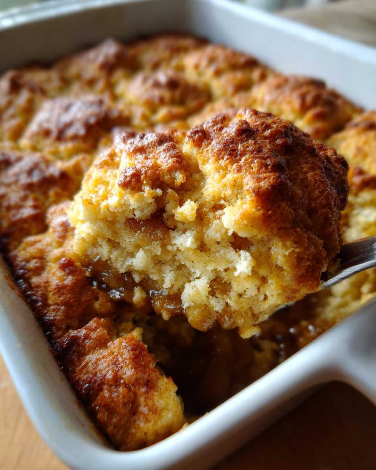 A spoonful of warm, golden brown apple cobbler being lifted from a white baking dish.