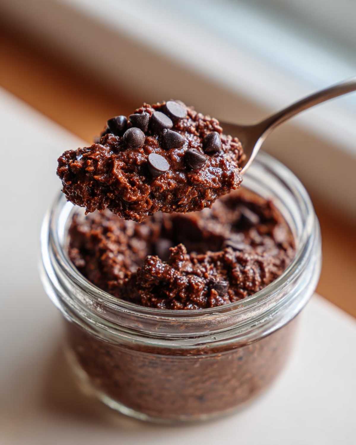 A spoonful of thick, rich chocolate overnight oats topped with mini chocolate chips being lifted from a glass jar.