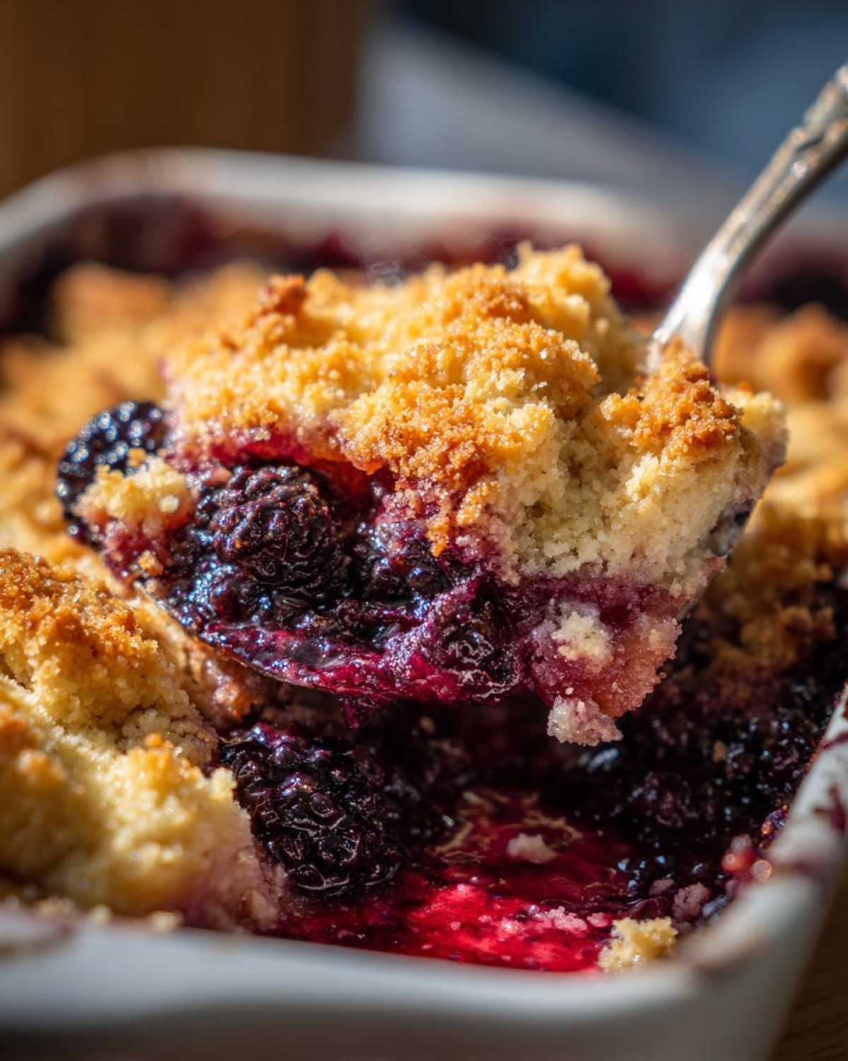 A spoonful of warm, juicy blackberry berry cobbler being lifted from a white dish, showing the golden crumble topping.