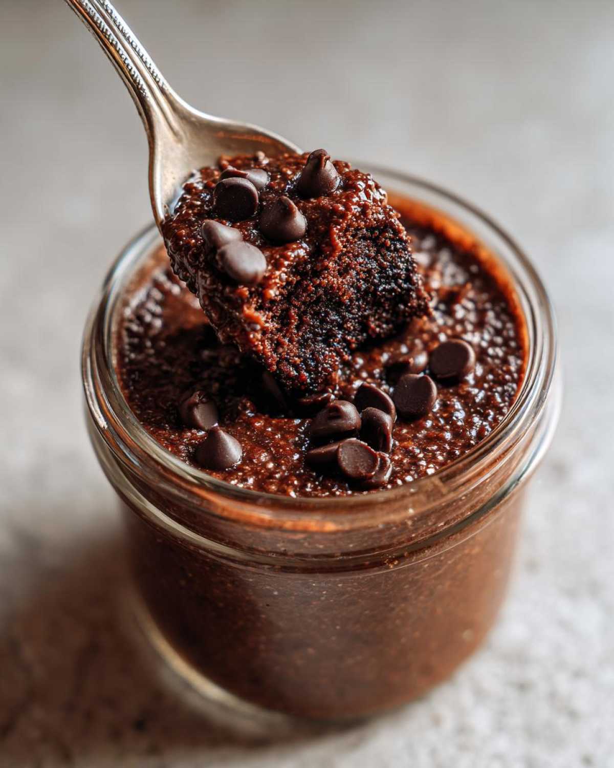 A spoonful of rich chocolate overnight oats topped with chocolate chips being lifted from a glass jar.