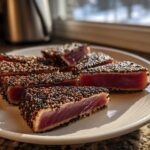 Slices of perfectly seared ahi tuna crusted with black and white sesame seeds, showing a rare, deep red center.