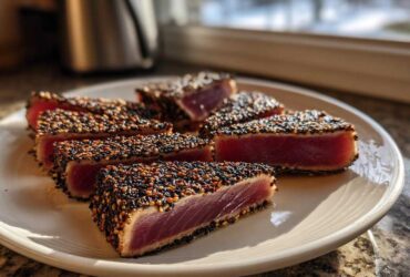 Slices of perfectly seared ahi tuna crusted with black and white sesame seeds, showing a rare, deep red center.