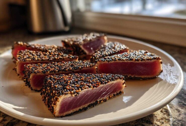 Slices of perfectly seared ahi tuna crusted with black and white sesame seeds, showing a rare, deep red center.