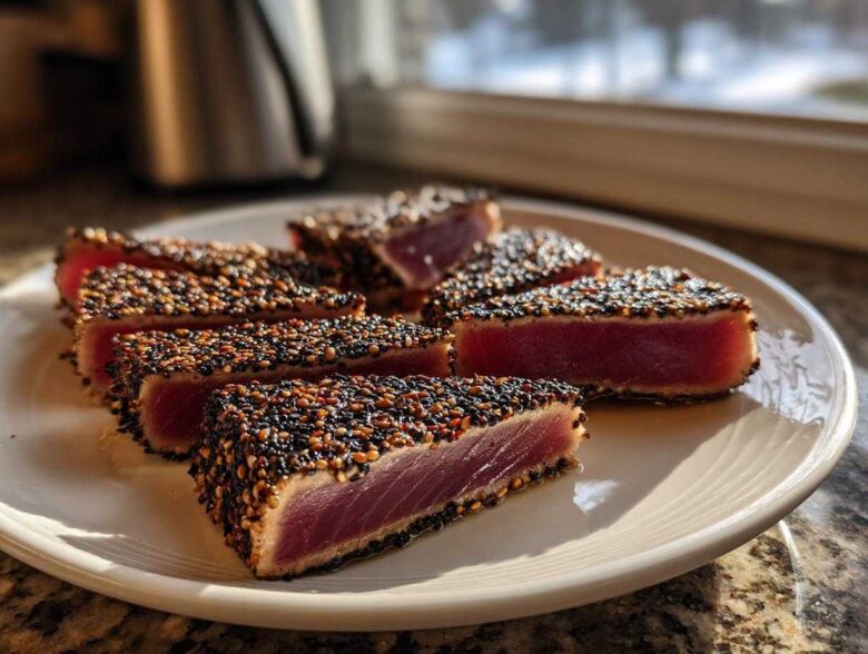 Slices of perfectly seared ahi tuna crusted with black and white sesame seeds, showing a rare, deep red center.