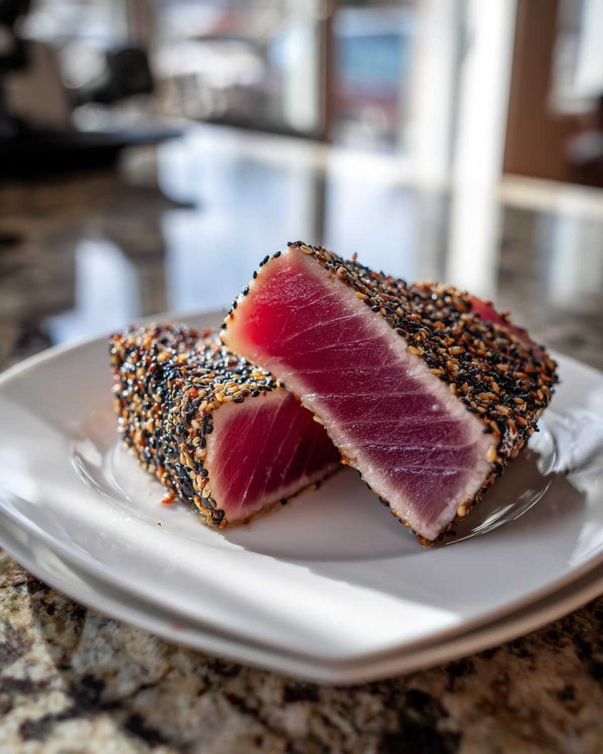 Two halves of sesame-crusted Seared Ahi Tuna, showing a bright red, rare center on a white plate.