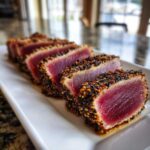 Close-up of five perfectly sliced pieces of Seared Ahi Tuna coated in a sesame seed crust, served on a white platter.