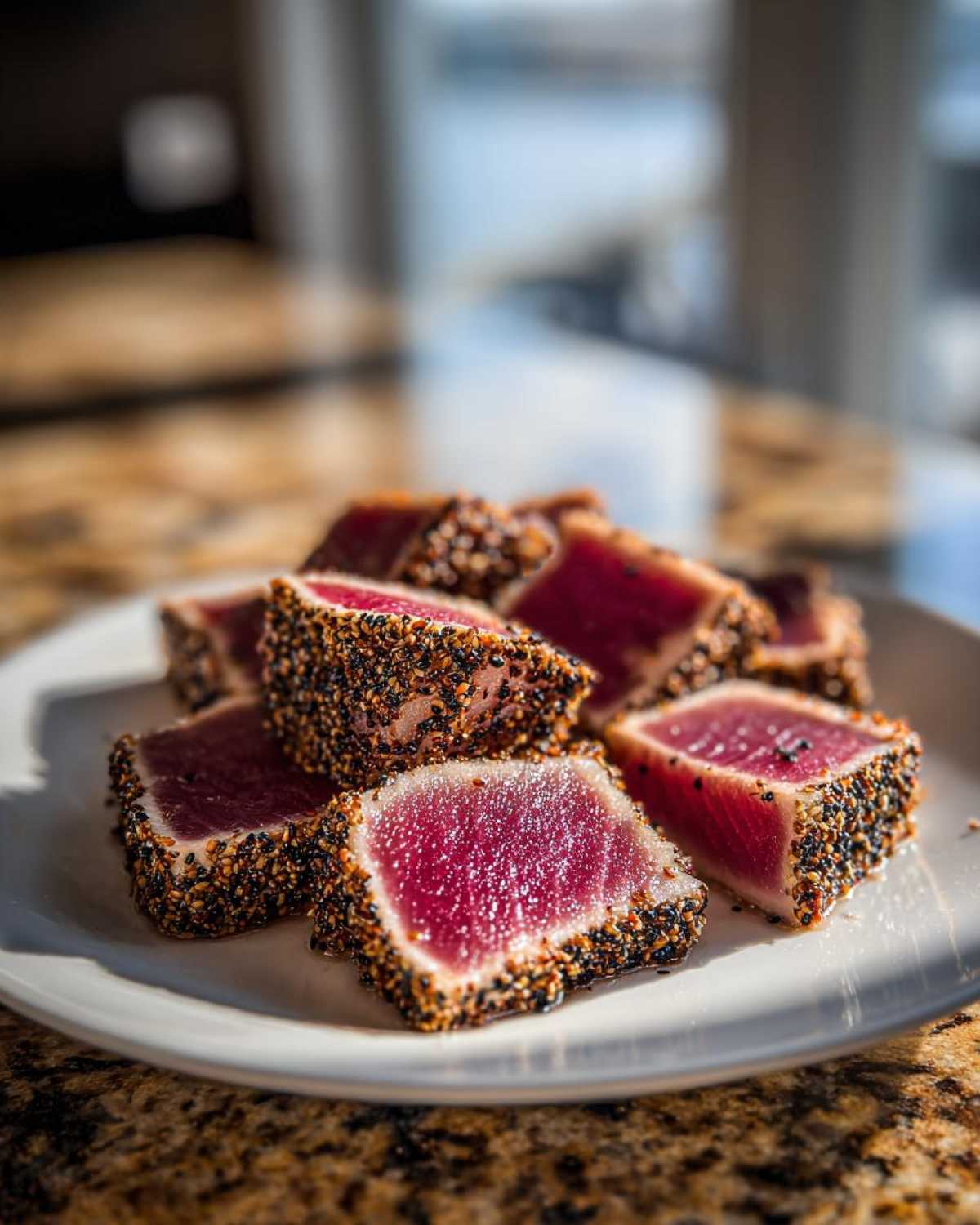 Close-up of perfectly seared ahi tuna cubes coated in a black and white sesame seed crust, showing a bright red interior.