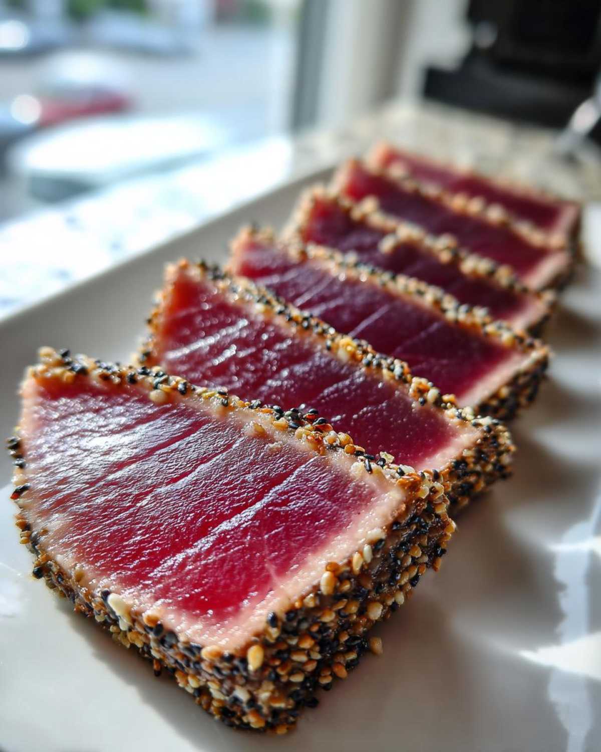 Close-up of perfectly seared ahi tuna slices, crusted with black and white sesame seeds, showing a vibrant red interior.