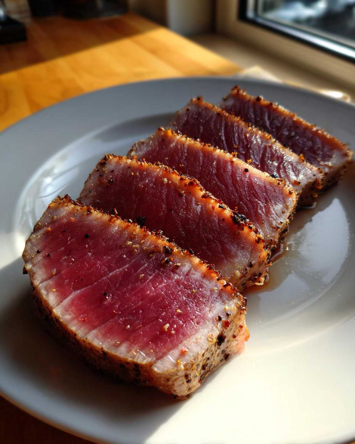 Four slices of perfectly seared tuna steak, rare in the center, seasoned with pepper, ready after using the MARINADE FOR TUNA STEAK.