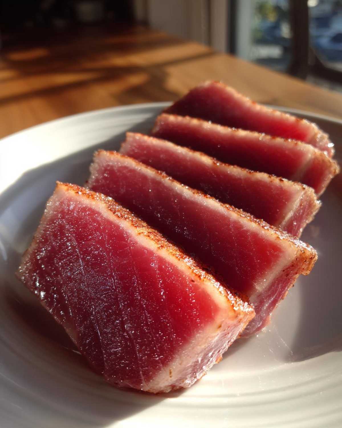Four thick slices of seared Ahi tuna steak showing a deep red center, resting on a white plate.