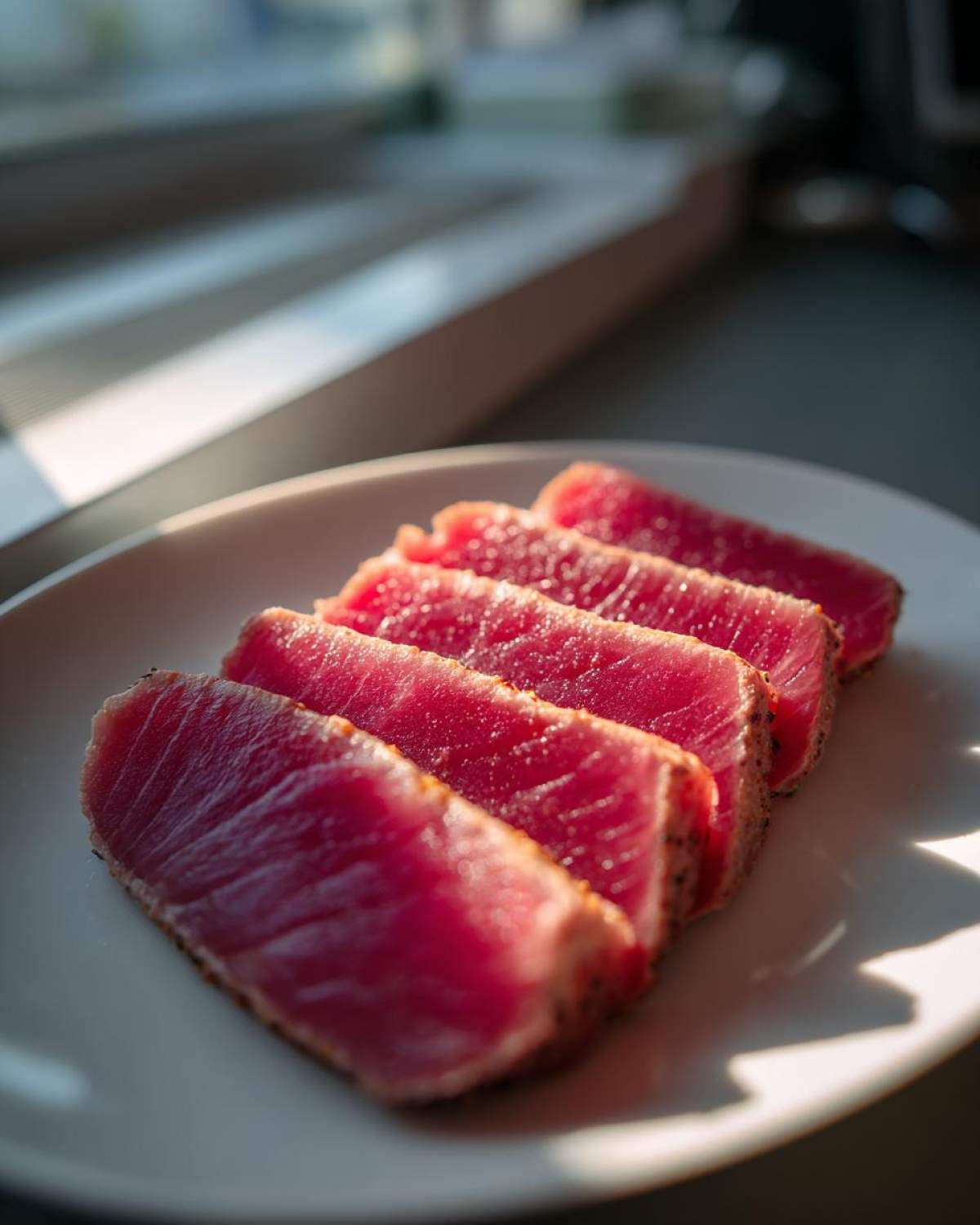 Five thick slices of perfectly seared, rare tuna steak resting on a white plate, showcasing the vibrant red interior.