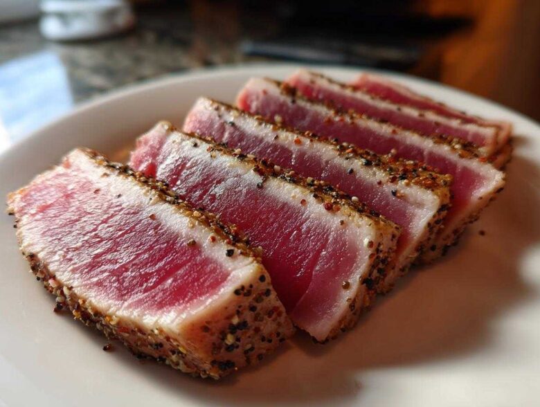 Slices of perfectly seared tuna steak, showing a rare, bright pink center and a cracked pepper crust, ready to serve.