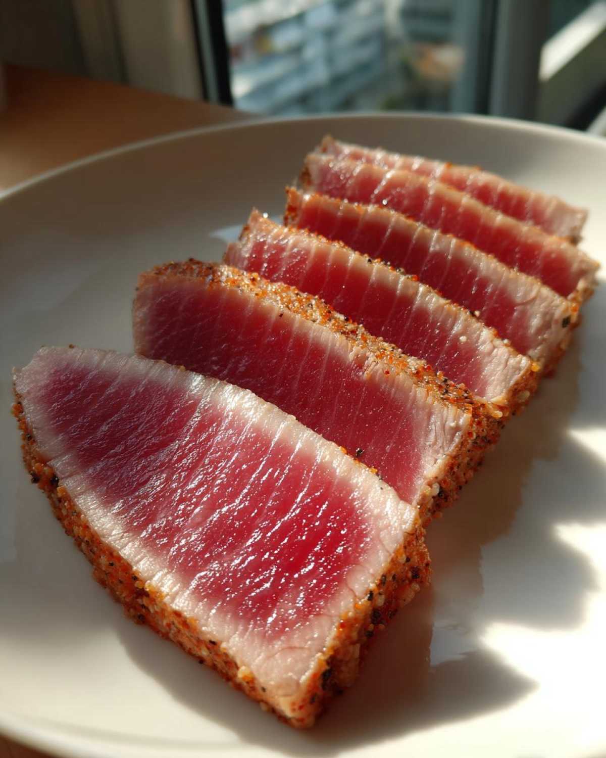 Five slices of seared tuna steak, showing a bright red center and a seasoned crust, served on a white plate.