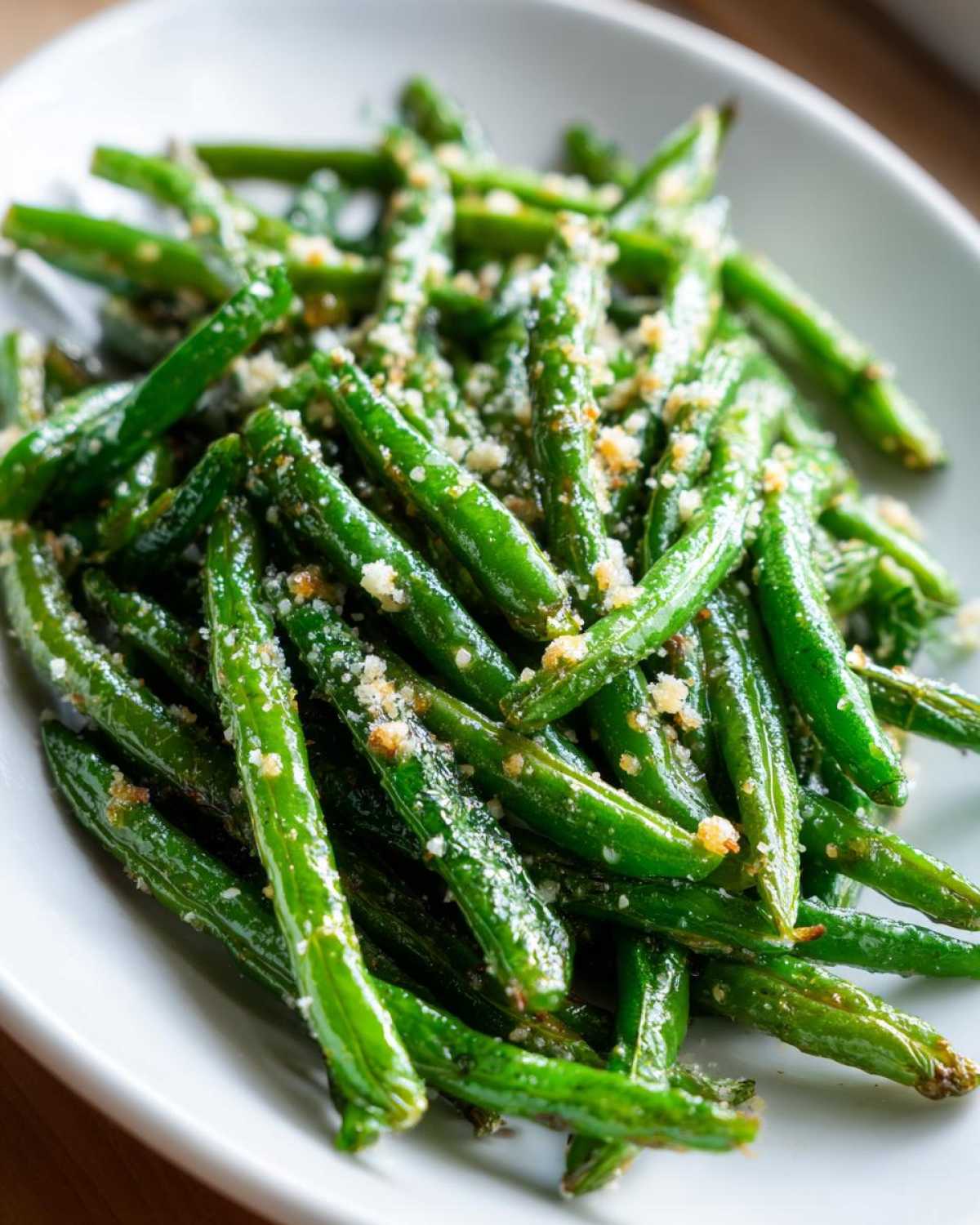 Close-up of bright green beans tossed with breadcrumbs and seasoning, ready to serve.