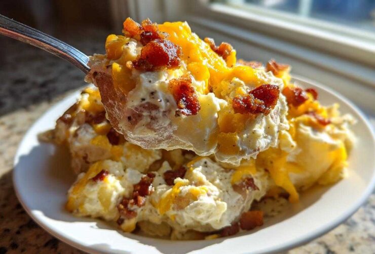 A spoonful of creamy baked potato salad topped with melted cheddar cheese and crispy bacon bits being lifted from a white plate.
