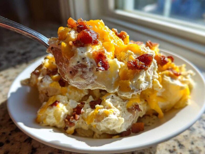 A spoonful of creamy baked potato salad topped with melted cheddar cheese and crispy bacon bits being lifted from a white plate.