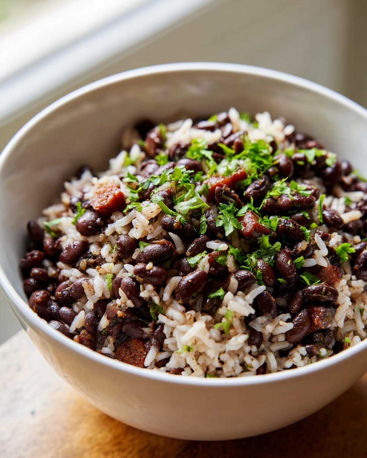 Close-up of a white bowl filled with seasoned black beans and rice, topped with fresh parsley.
