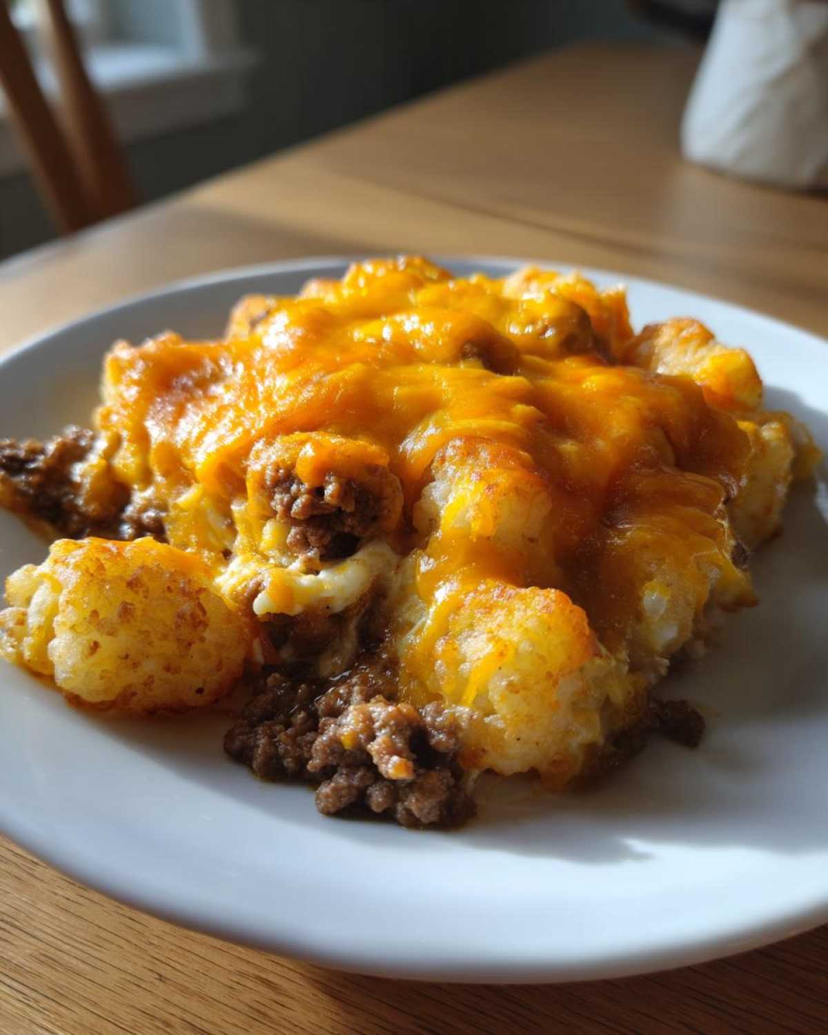 A close-up serving of tater tot casserole topped with melted cheddar cheese and ground beef mixture on a white plate.
