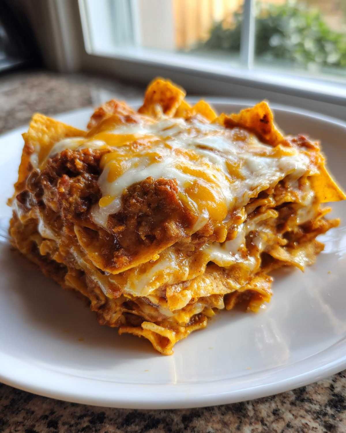 A close-up serving of Dorito Casserole layered with meat sauce and melted cheddar and Monterey Jack cheese.