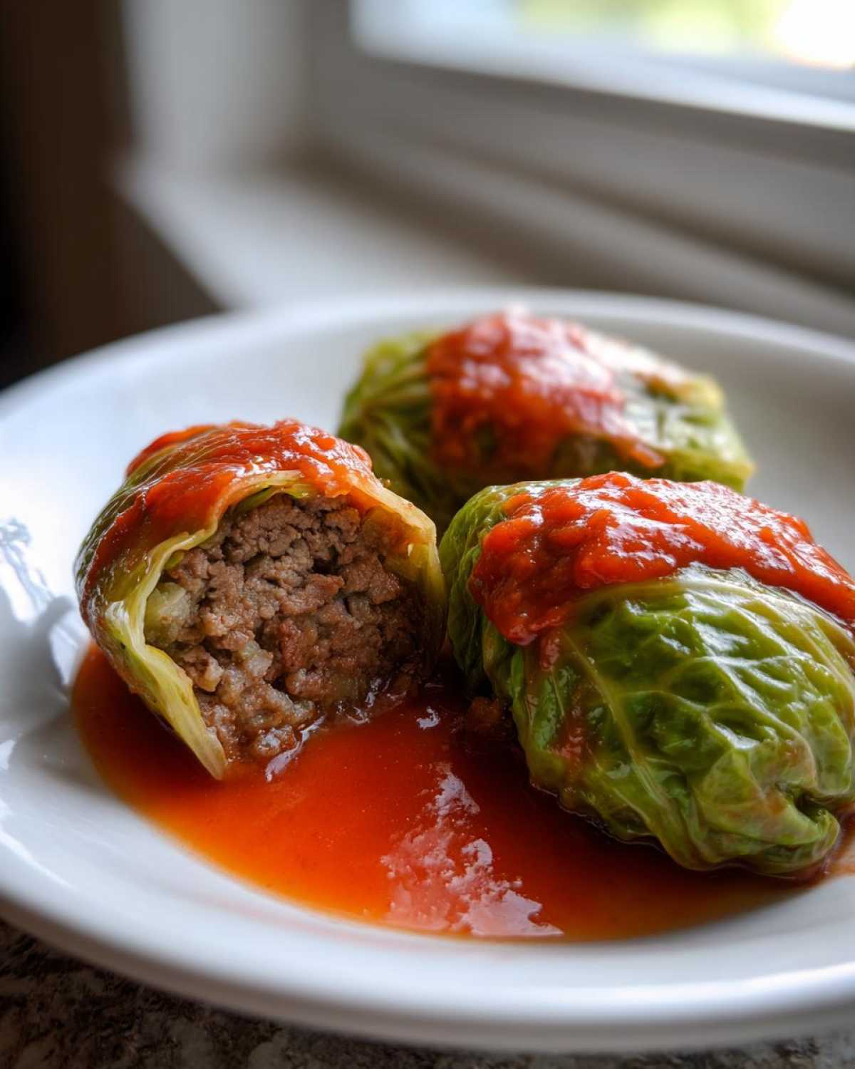 Three cabbage rolls served on a white plate with bright red tomato sauce; one is cut open showing the ground meat filling.