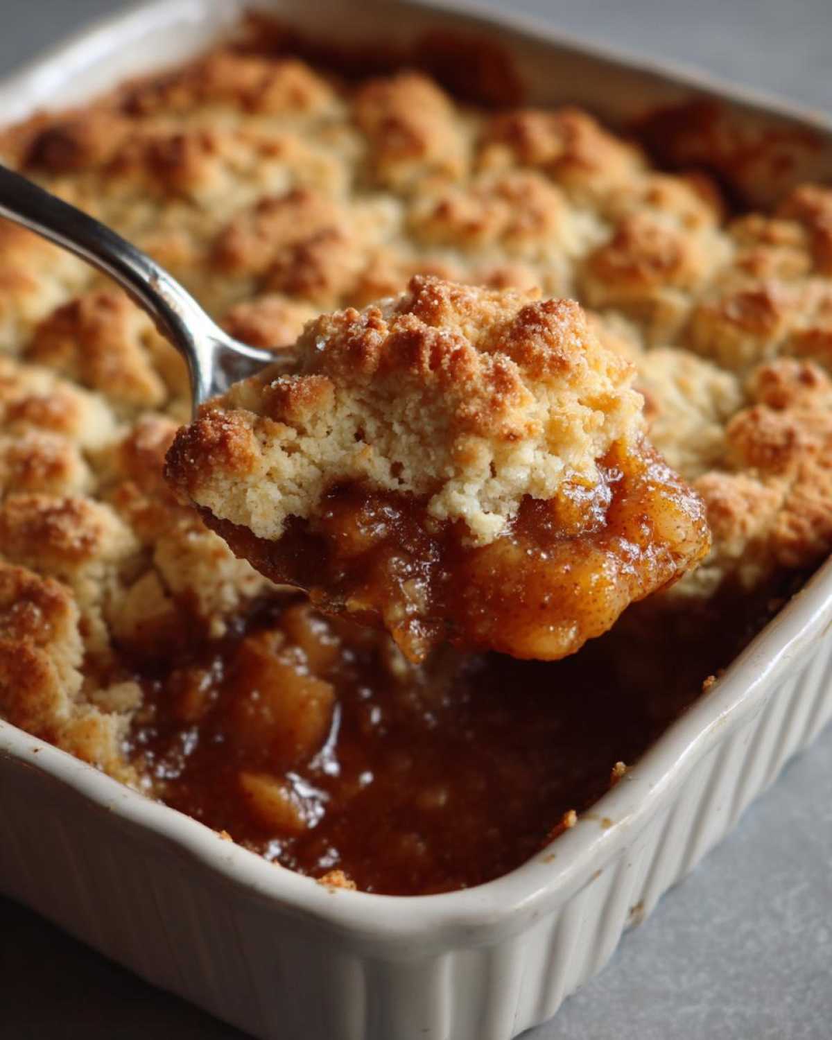 A spoonful of warm apple cobbler showing the crumbly topping and gooey spiced apple filling.