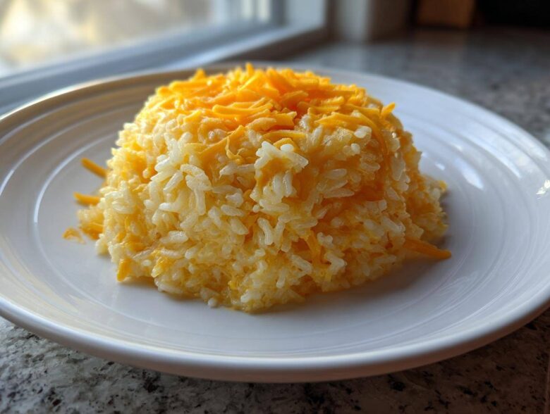 A mound of fluffy white rice mixed with melted and shredded cheddar cheese, served on a white plate, showcasing easy cheesy rice.