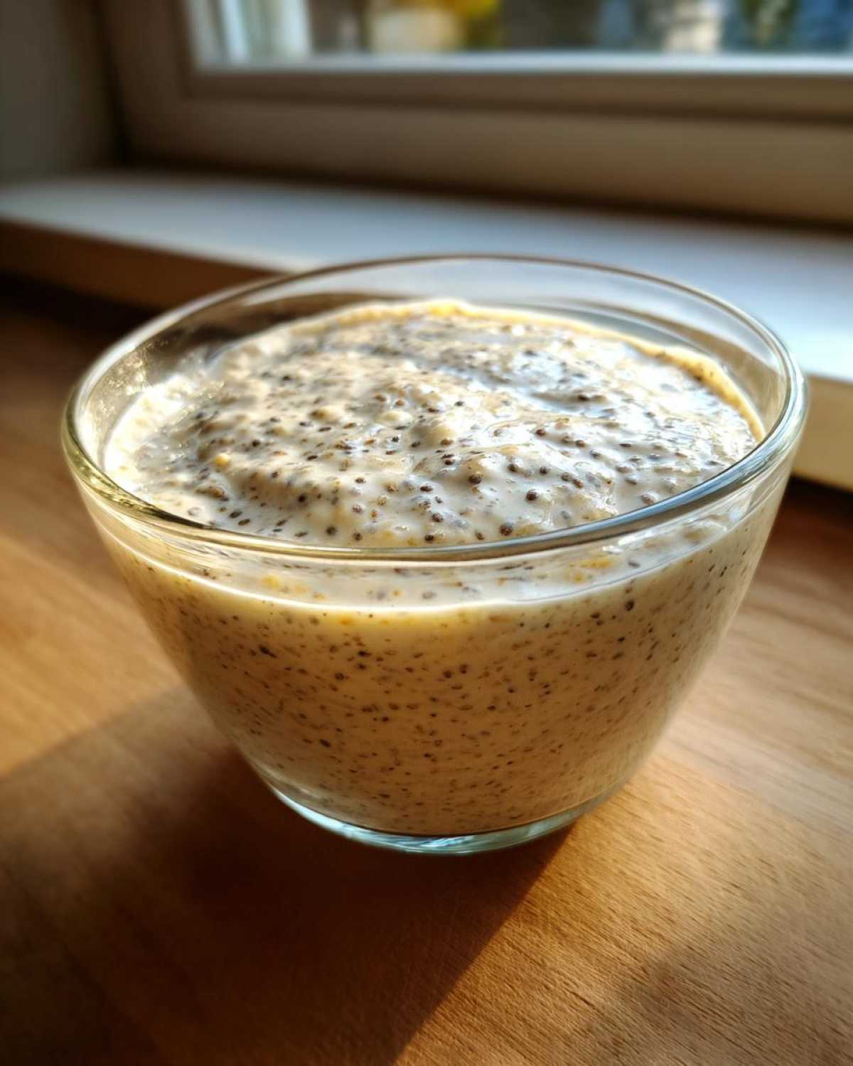 Close-up of creamy chia seed pudding texture in a clear glass jar, basking in sunlight.