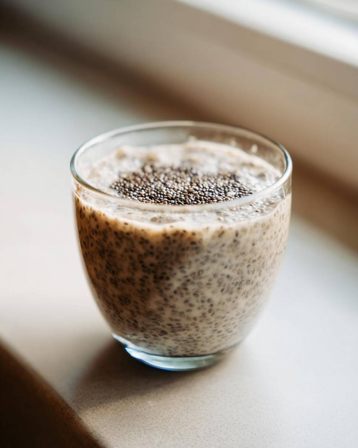 Close-up of creamy chia seed pudding in a glass, topped with dry chia seeds.
