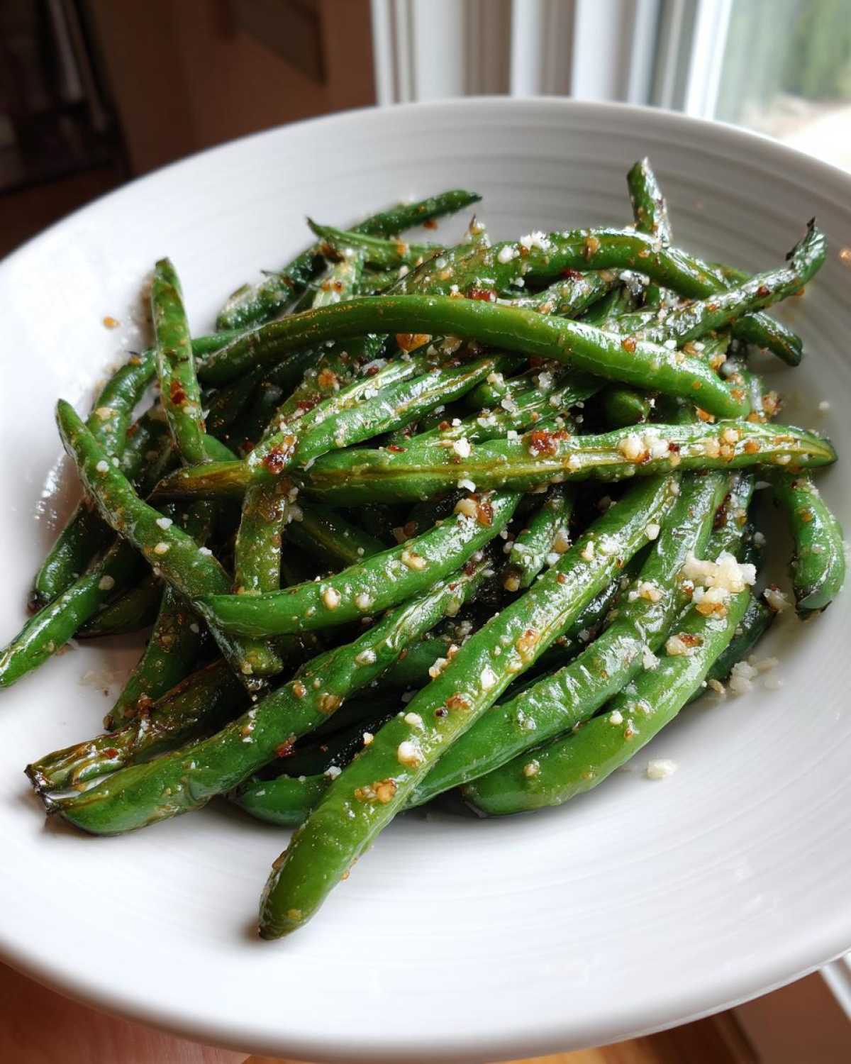 A white bowl filled with bright green beans tossed with minced garlic and grated Parmesan cheese.