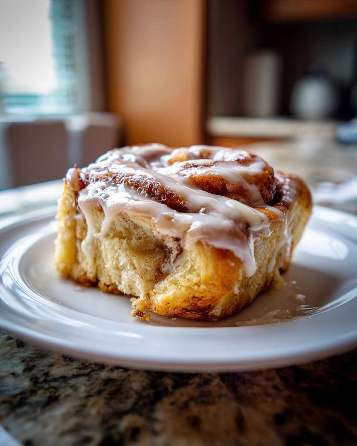 A close-up of a single, gooey serving of cinnamon roll casserole topped with white icing on a white plate.