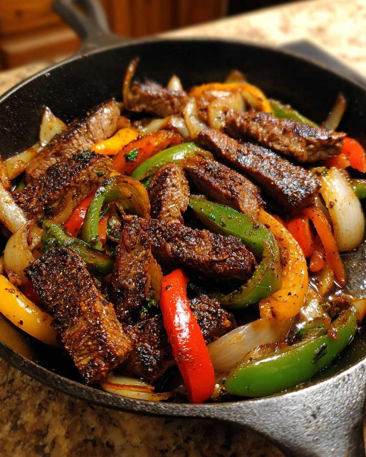 Close-up of seasoned steak fajitas strips mixed with colorful bell peppers and onions in a hot cast iron skillet.
