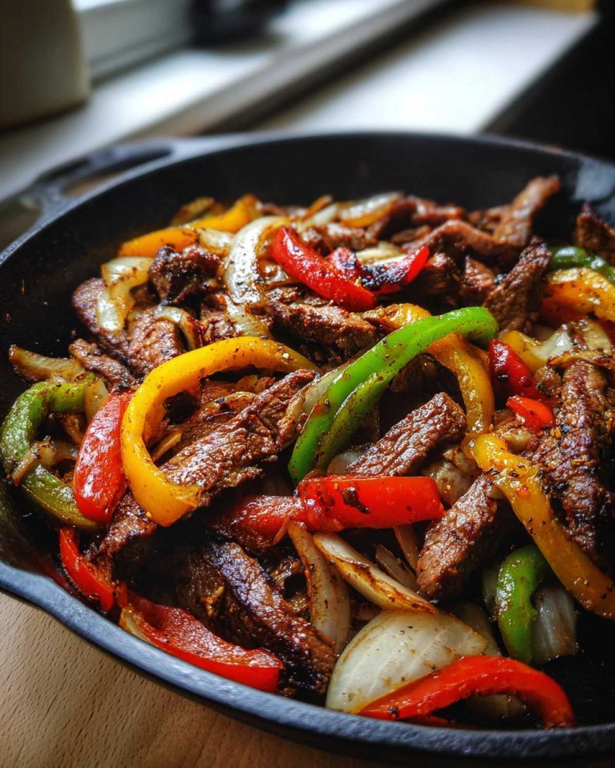Close-up of sizzling steak fajitas with colorful bell peppers and onions served hot in a black cast iron skillet.