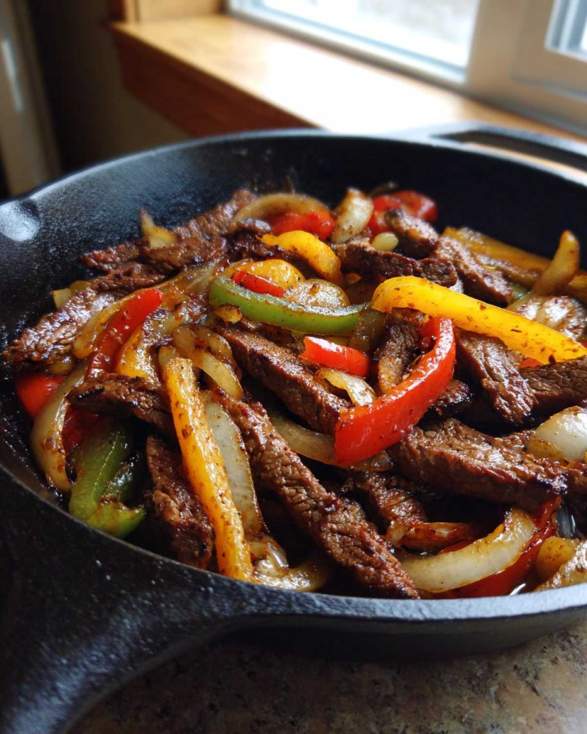 Close-up of sizzling steak fajitas with colorful bell peppers and onions in a black cast iron skillet.