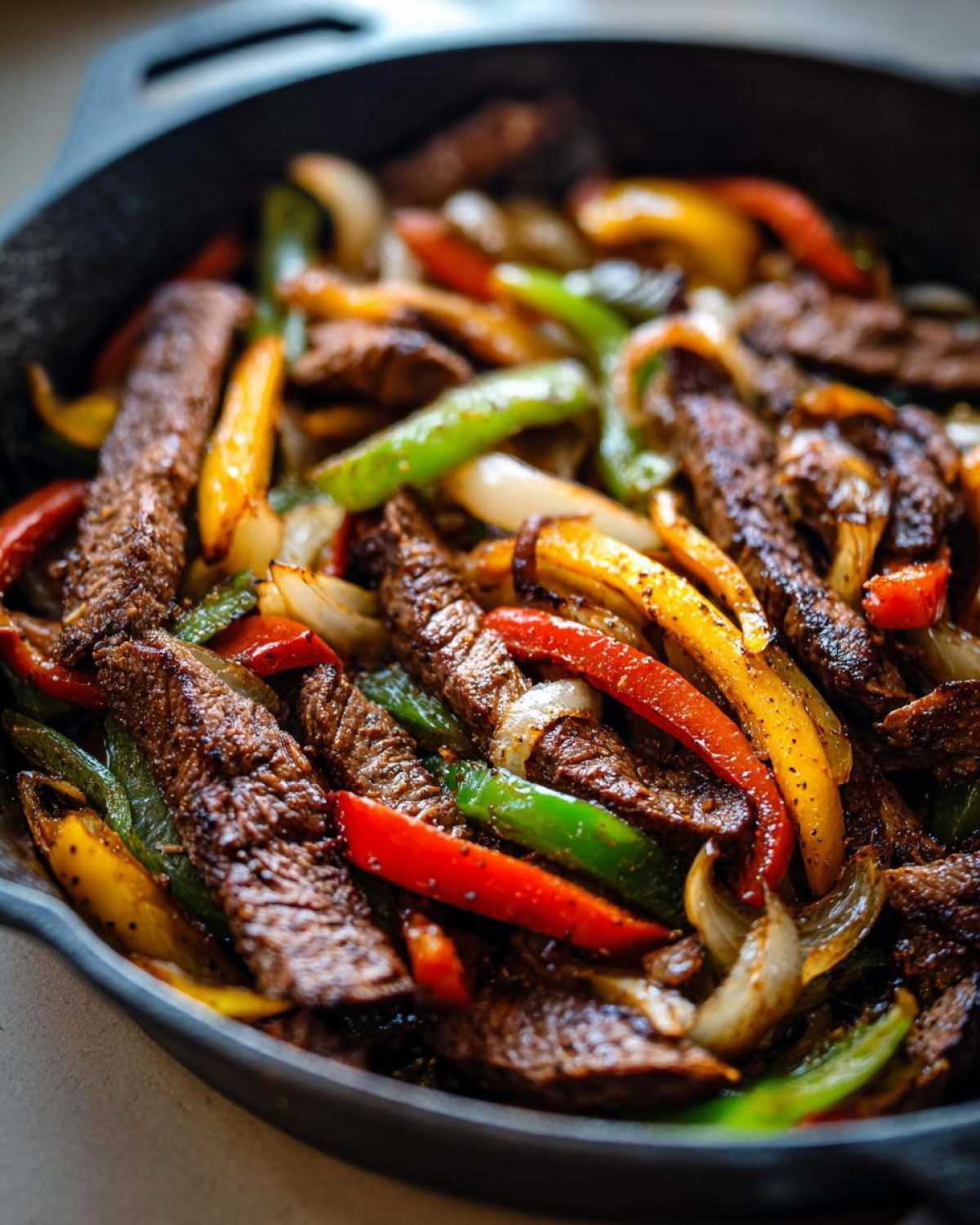 Close-up of perfectly cooked steak fajitas with colorful bell peppers and onions sizzling in a black cast iron skillet.