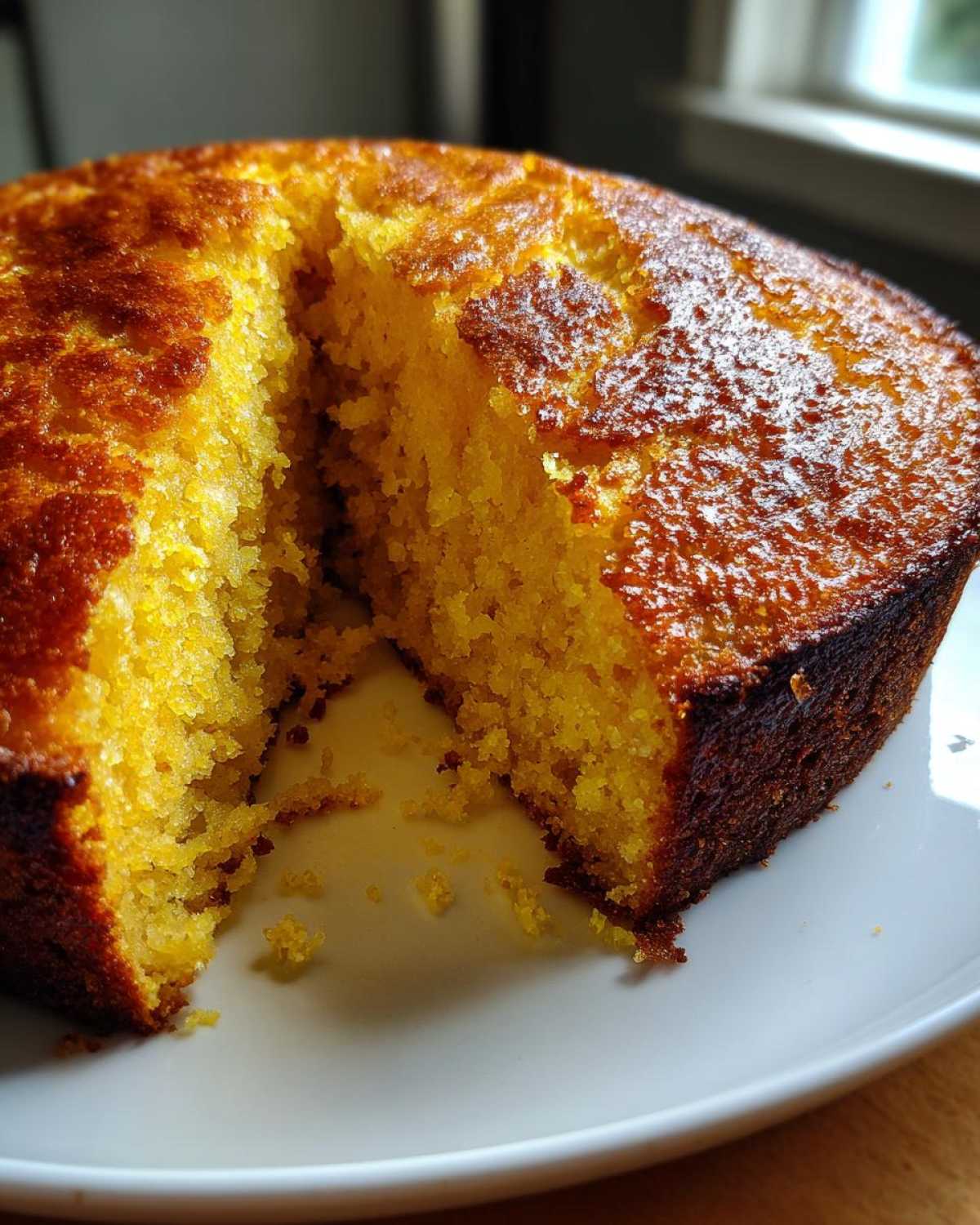 Close-up of a golden brown skillet cornbread with a piece removed, showing the moist, crumbly interior.