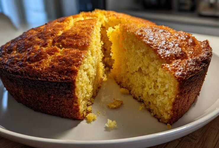 A freshly baked, golden-brown skillet cornbread with a wedge cut out, showing its moist interior texture.