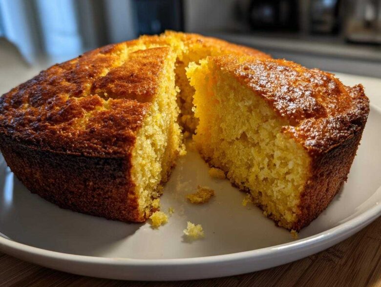 A freshly baked, golden-brown skillet cornbread with a wedge cut out, showing its moist interior texture.