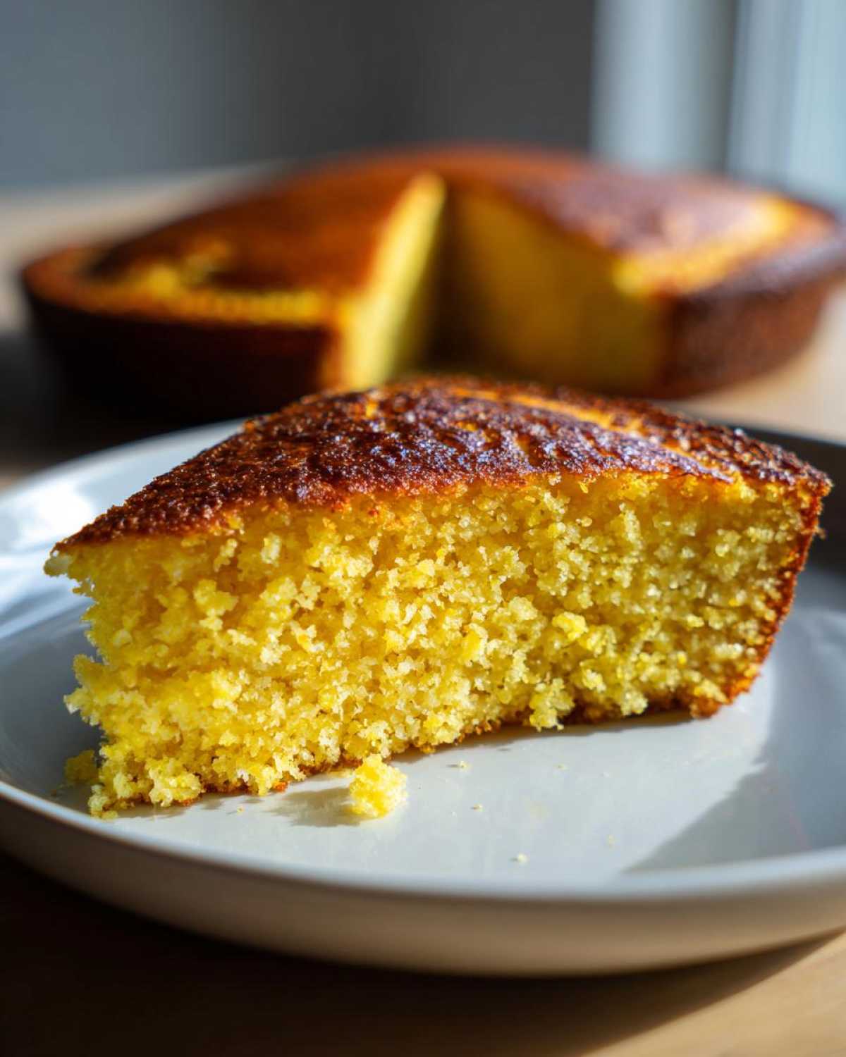 Close-up of a slice of bright yellow skillet cornbread with a dark, crunchy top crust, served on a light plate.