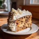 A generous slice of cookie cake recipe, studded with chocolate chips and topped with thick white frosting.