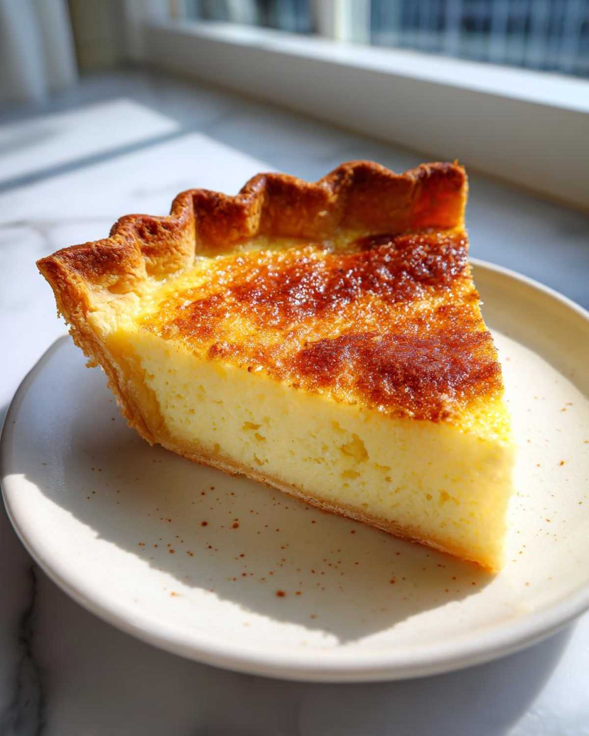 A perfect slice of baked egg custard pie with a golden-brown, slightly caramelized top, sitting on a speckled white plate.