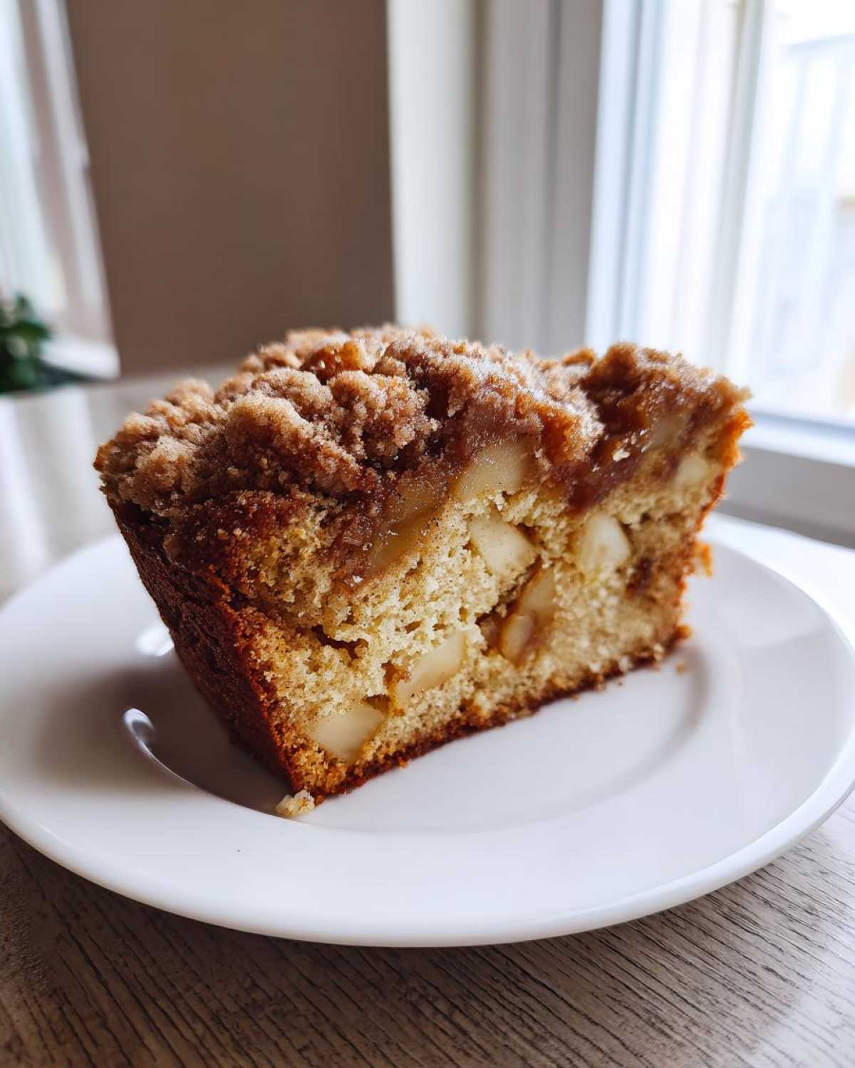 A close-up of a moist slice of apple crumb cake featuring visible apple chunks and a thick, sugary cinnamon topping.