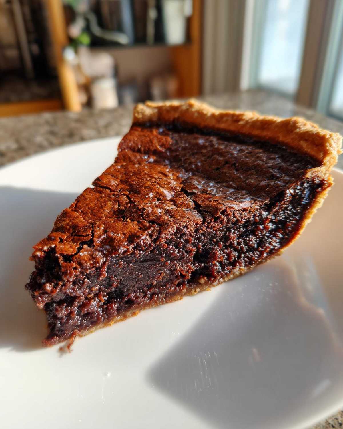 A close-up slice of decadent chocolate chess pie showing a dark, fudgy interior and a cracked, shiny top crust.