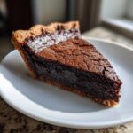 A close-up of a single slice of rich, dark chocolate chess pie showing its cracked top texture on a white plate.